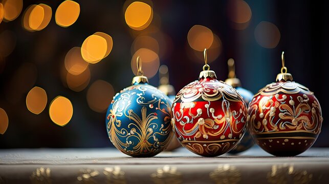 Image of Christmas balls elegantly adorned with intricate patterns.