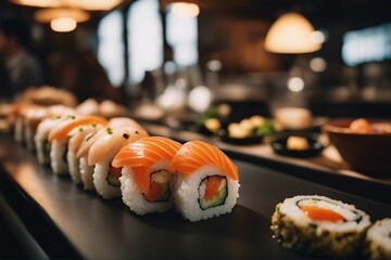 sushi in rows on a long bar with other plates of sushi