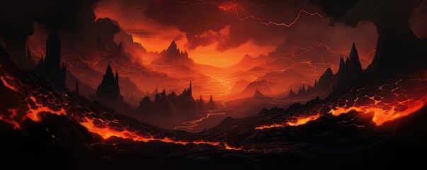 Infernal Underworld With Burning Magma, Volcano Eruptions, And More - obrazy, fototapety, plakaty