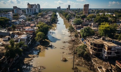 Aerial shot of city devastated by overflowing river water - obrazy, fototapety, plakaty