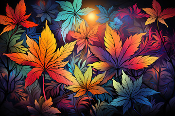 leaves of cannabis marijuana bushes on bright hallucinogenic neon psychedelic vintage background