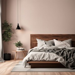 Cozy bedroom interior wall mockup, Generative AI