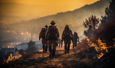 Obraz na płótnie Canvas Firefighter group in forest fire