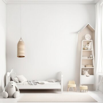 Mockup wall in the children's room on wall white colors background, Generative AI