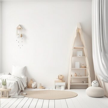 Mockup wall in the children's room on wall white colors background, Generative AI