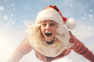 Full length profile portrait of happy woman flying in sky like superhero, being hurry to serve all clients before Christmas, wearing overalls and santa hat. - obrazy, fototapety, plakaty