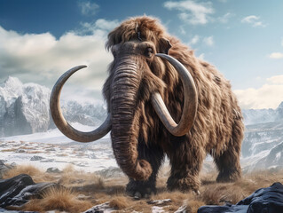 Woolly mammoth in a prehistoric winter landscape, generated by AI - obrazy, fototapety, plakaty