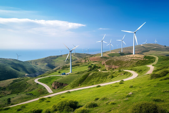 Wind turbines using renewable energy in a large green field