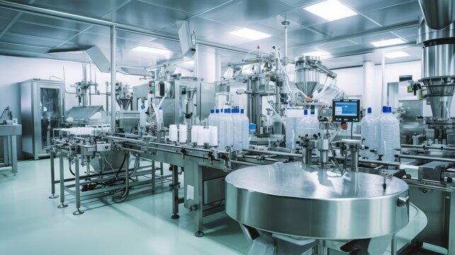 pharmaceutical industry. Production line machine conveyor with glass bottles ampoules at factory