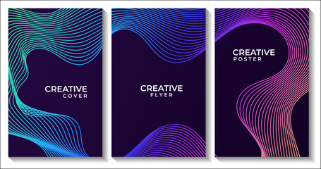 set of flyers with abstract dark background colorful lines