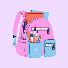 Kids backpack full stationery and study supplies. Colorful schoolbag with textbooks, rulers, pens, pencils. Hand drawn vector illustration isolated on purple background. Modern flat cartoon style.