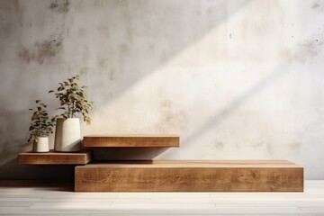 Wooden shelf with a potted plant against a white concrete wall. Interior. Generated by artificial intelligence