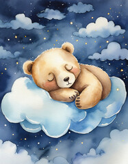Watercolor painting style cute teddy bear sleeping on a fluffy cloud, a cloudy nightsky in the background