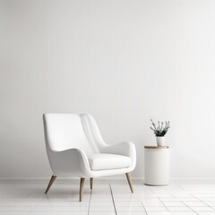 The interior has a armchair on empty white wall background, Generative AI