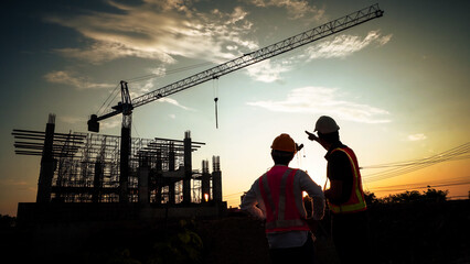 Silhouette of team engineer using laptop to control work, crane, construction site