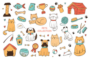 Set of pets, pet shop doodles, cartoon elements and clip art for stickers, prints, icons, signs, banners, cards, product decor, etc. EPS 10