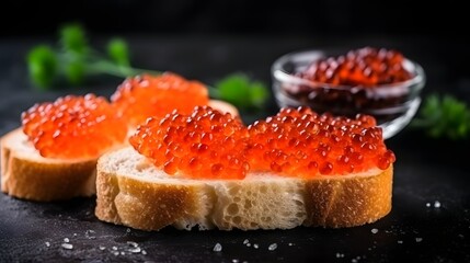 Slices of bread with red caviar on dark background.