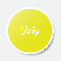 July yellow round sticker on white background, vector illustration