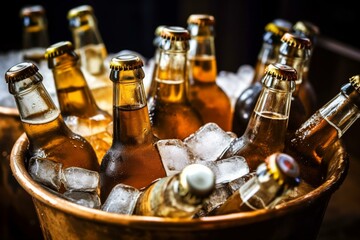 close-up of cold beer bottles in ice bucket. Generative AI