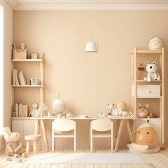 Children working room,Mock up wall in the children's room in light cream color wall background, Generative AI