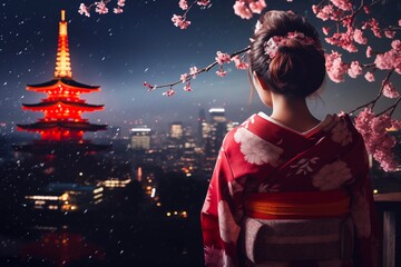 New Year's Day in Tokyo, Tokyo Tower, cherry blossoms, sushi, geishas, traditional Japanese clothing, serene night sky, dynamic composition, dramatic lighting