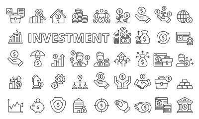 Investment icons set in line design. Business, Finance, Wealth, Growth, Income, Money, Investor, Stock, Portfolio, Risk, Inflation, Bond, Interest, Strategy, vector illustrations. Editable stroke icon - obrazy, fototapety, plakaty