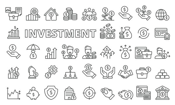 Investment icons set in line design. Business, Finance, Wealth, Growth, Income, Money, Investor, Stock, Portfolio, Risk, Inflation, Bond, Interest, Strategy, vector illustrations. Editable stroke icon