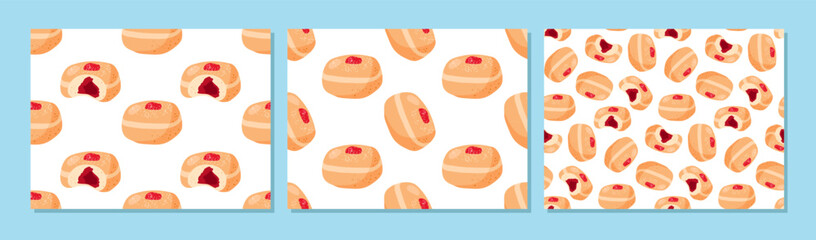 Seamless pattern set with Stuffed doughnut whole and bitten. Three pattern collection. Repeated cartoon flat vector illustration for wallpaper, wrapping. Pastry donut with jam. Sweet unhealthy food - obrazy, fototapety, plakaty