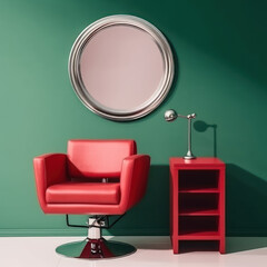  Chair and green magazine in red salon with mirror
