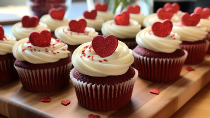 Red Velvet Cupcakes, Bake red velvet cupcakes with cream cheese frosting and heart-shaped toppers