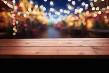 Empty wooden table over blur Christmas market background, product display.