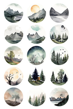 mountain forest wood set collection watercolor clipart isolated on white background