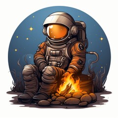 Astronaut Sitting Earth With Fire,Cartoon Illustration, For Printing