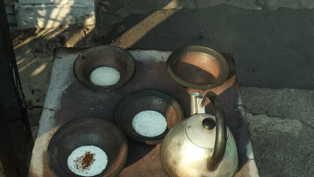 add oncom (dried soybeans) topping to the surabi dough, surabi is a typical Bandung food similar to pancakes but has a savoury taste.