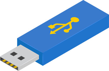 Scalable vector blue USB stick with yellow USB icon on isolated background. Isometric flat view
