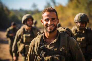 A portrait of a smiling Israeli soldier in combat gear in front of other soldiers - obrazy, fototapety, plakaty