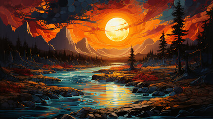 River sunset in cartoon western style
