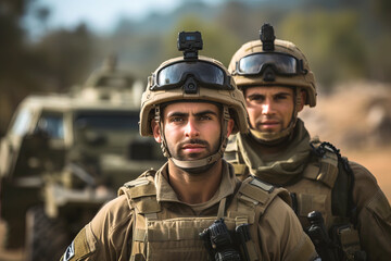 Israeli soldiers in combat gear against the background of military equipment - obrazy, fototapety, plakaty