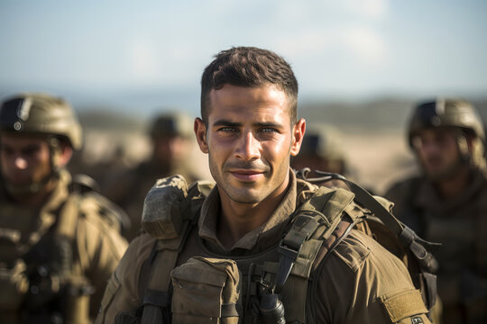 Portrait of an Israeli soldier in combat gear against the background of other soldiers