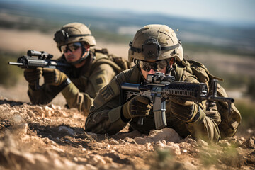 Israeli soldiers in a battle with terrorists conduct precision fire - obrazy, fototapety, plakaty