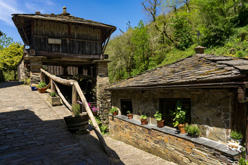 Old traditional village of Os Teixois in a sunny day, Asturias, Spain.