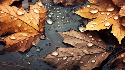 Colorful autumn leaves covered in sparkling water droplets on a dewy forest floor, a beautiful sight of nature.
