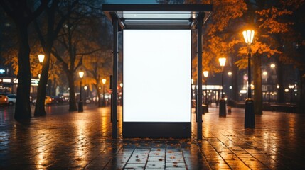 Vertical large Mock up with poster in autumn city street at night
