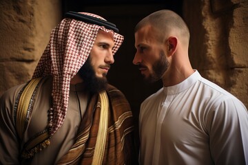 Portrait of an Israeli and an Arab looking at each other. The concept of confrontation and enmity between Israel and Palestine