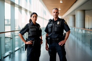 Two police officers with their uniforms standing inside of a building. - obrazy, fototapety, plakaty
