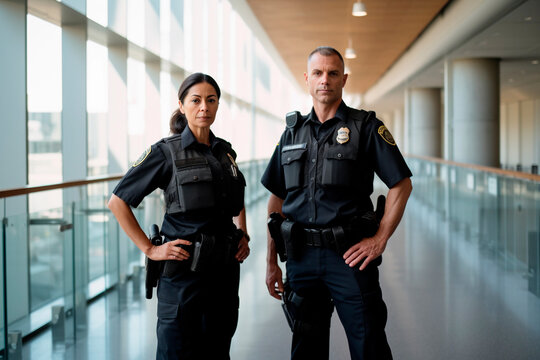Two police officers with their uniforms standing inside of a building.