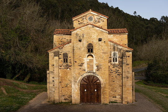 Church of San Miguel de Lillo in the mount of Naranco at sunset. Oviedo, Asturias, Spain. Europe