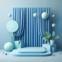 Stand podium wall scene blue background, stage showcase, promotion display.