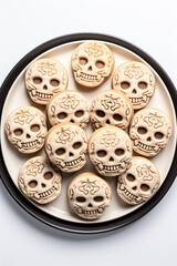 Obraz premium Top Down Photograph, Halloween Skull Cookies Isolated on a White Background, Generative AI