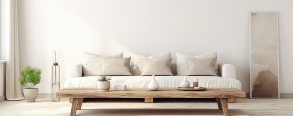 Fototapeta na wymiar Rustic Coffee Table In Modern Scandinavian Living Room